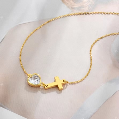 ヤスヴィッティ ベゼル ハート キュービック ジルコニア ネックレス 925 シルバー クラシック クロス シンプル ネックレス 18K ゴールド プレート 卸売 工場
