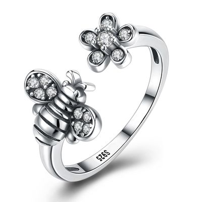 純銀製925の調節可能な蜂のかわいい花リング